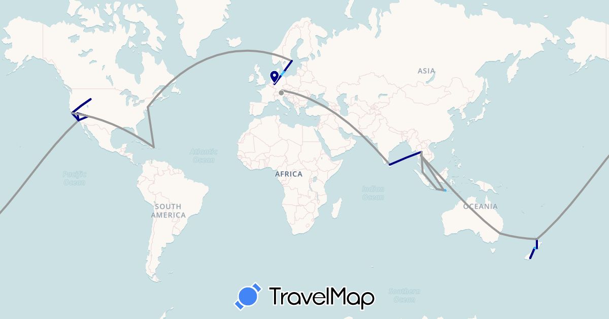 TravelMap itinerary: driving, plane, boat in Austria, Australia, Germany, Dominican Republic, Indonesia, Sri Lanka, Malaysia, New Zealand, Sweden, Thailand, United States (Asia, Europe, North America, Oceania)