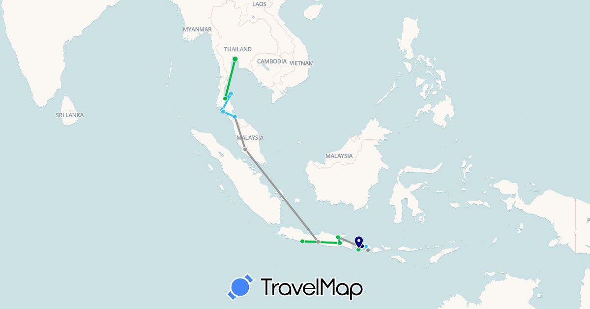 TravelMap itinerary: driving, bus, plane, boat in Indonesia, Malaysia, Thailand (Asia)